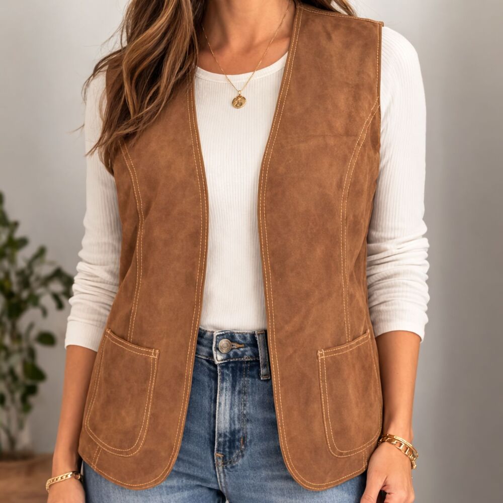 Vtg Western Suede Vest Boho Cowgirl Rustic Festival Layering Brown Women's 16